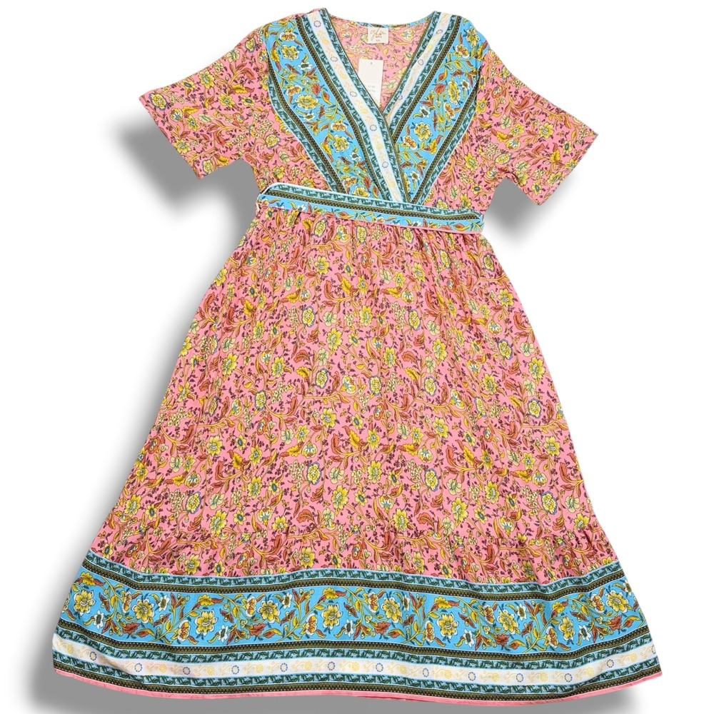 GLM Clothing Pink Blue Floral Boho Midi Dress XXL New SIC-002 Short Sleeve Rayon